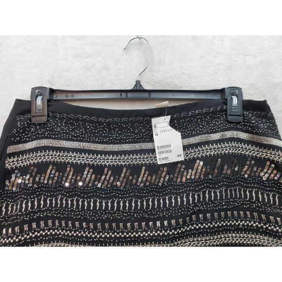 H&M Mini Skirt Women 14 Black Sequin Metallic Embroidered Beaded Sequin Back Zip - Picture 4 of 7